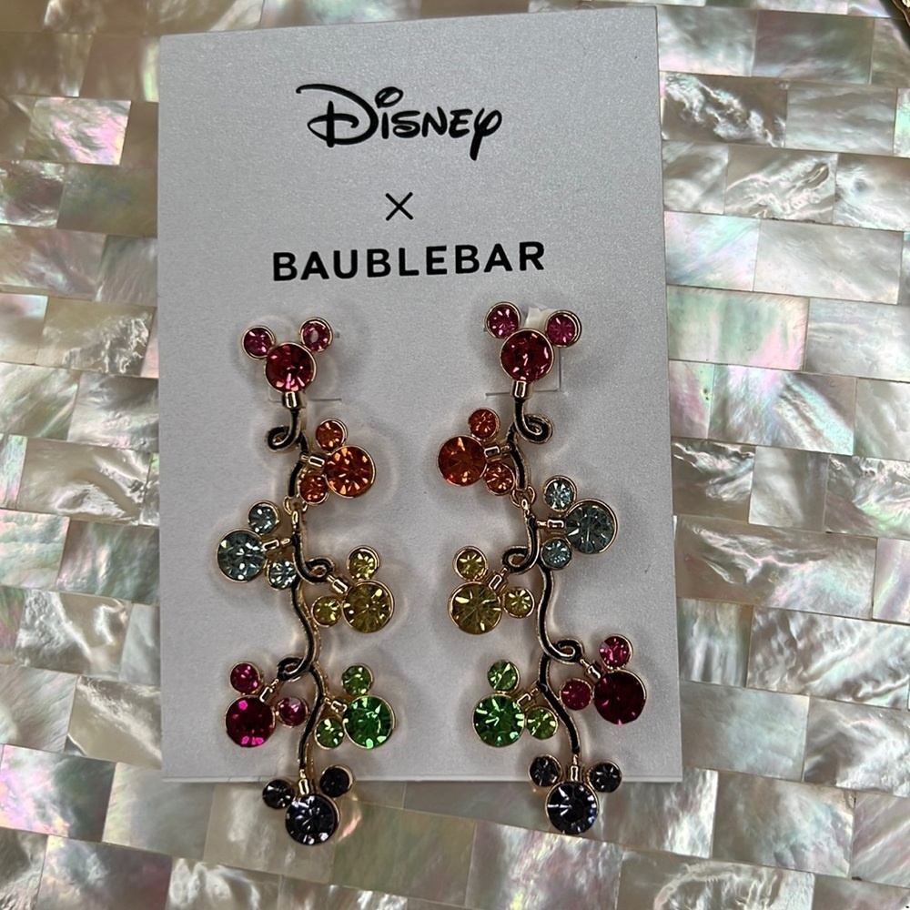 NEW - Disney x BAUBLEBAR Mickey Mouse Dangle Rhinestone Rainbow & Gold Earrings